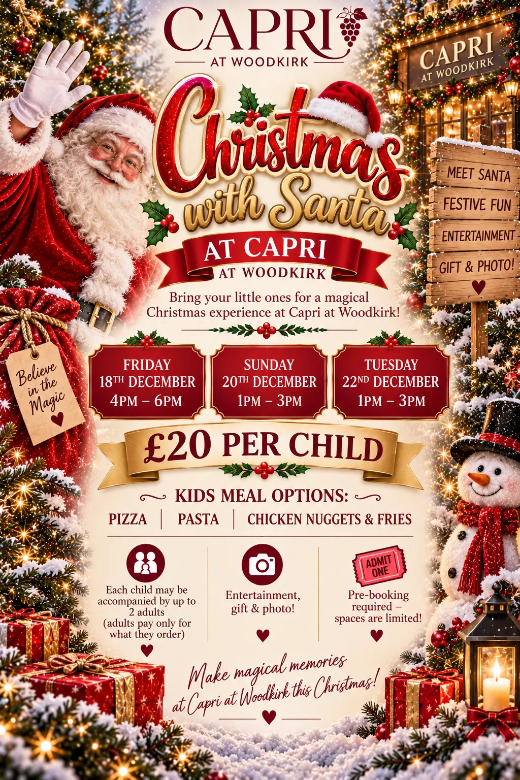 Christmas with Santa at Capri at Woodkirk poster, £20 per child